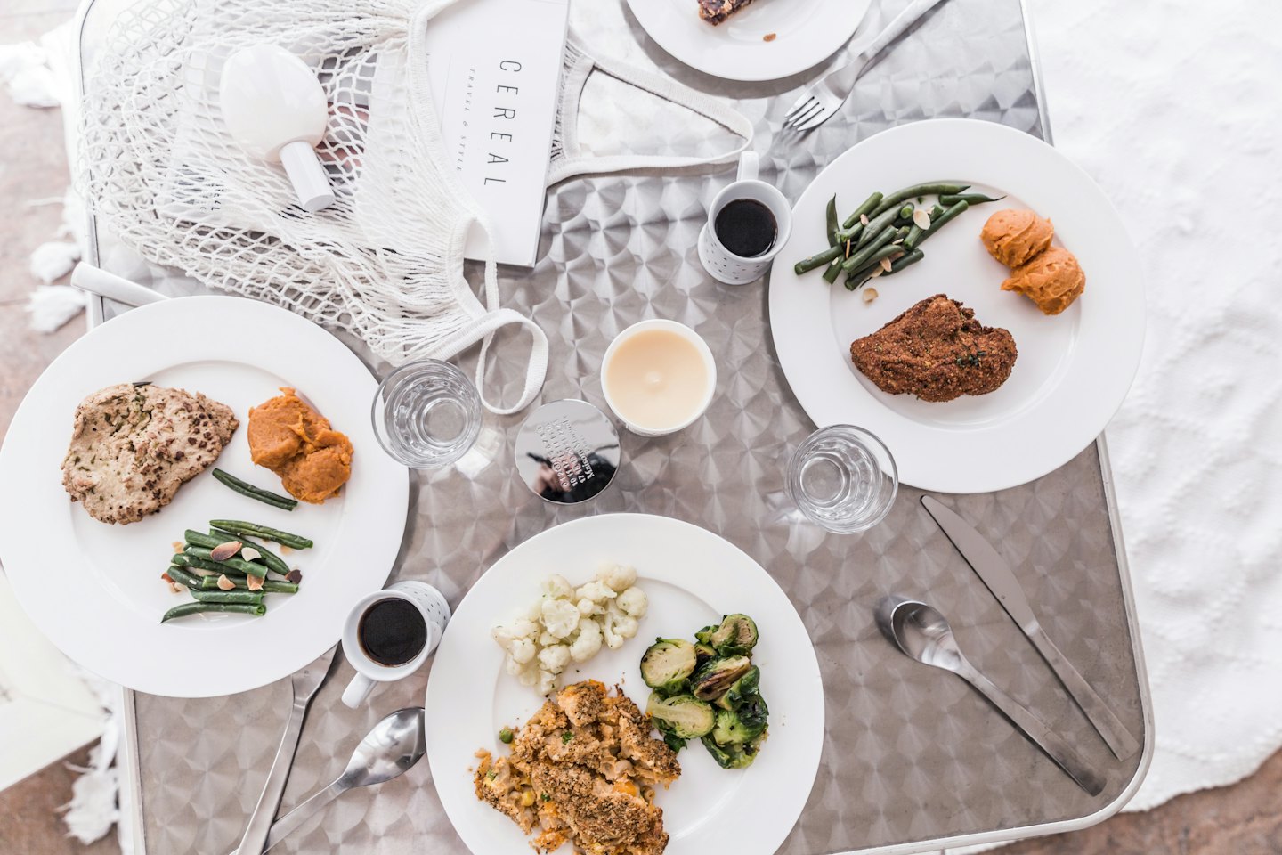 Three healthy meals with protein, green beans, and sweet potato mash.